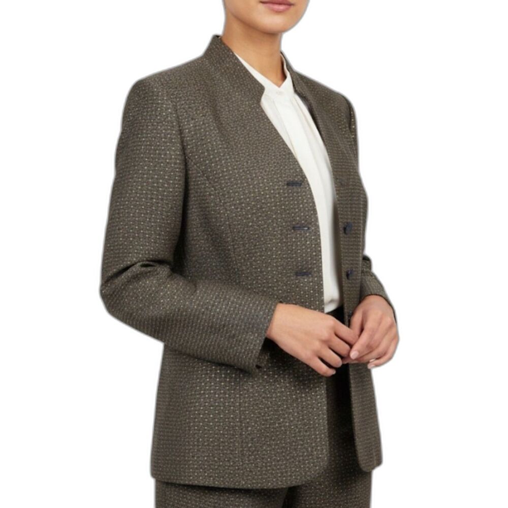 Lord & Taylor Brown Navy Metallic Gold Stand-Up Collar LS Suit Jacket Sz 16